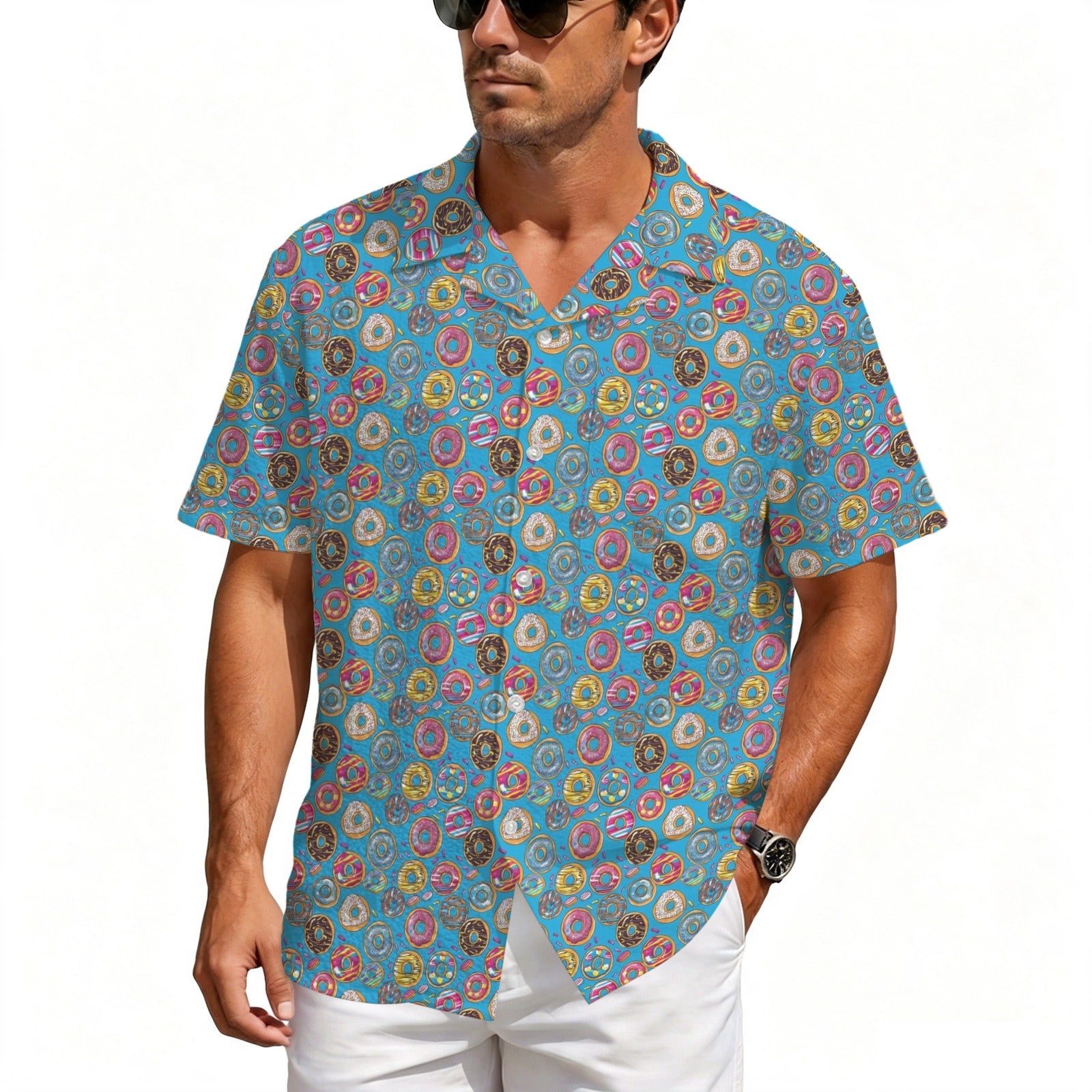 Doughnuts On Blue Men's Crinkle Hawaiian Shirt