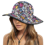 Graphic Flowers On Black Wide Brim Bucket Hat Wide Brim Bucket Hat Plants Printed Offshore