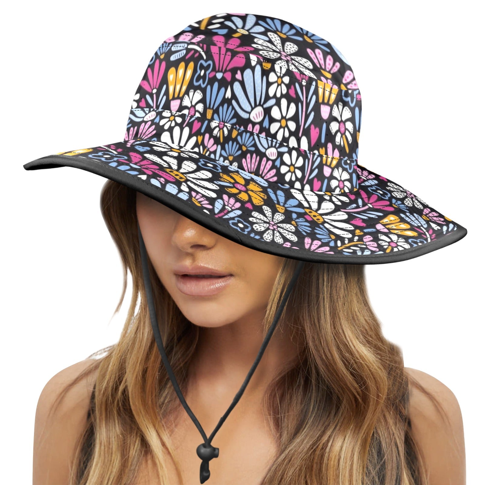 Graphic Flowers On Black Wide Brim Bucket Hat Wide Brim Bucket Hat Plants Printed Offshore