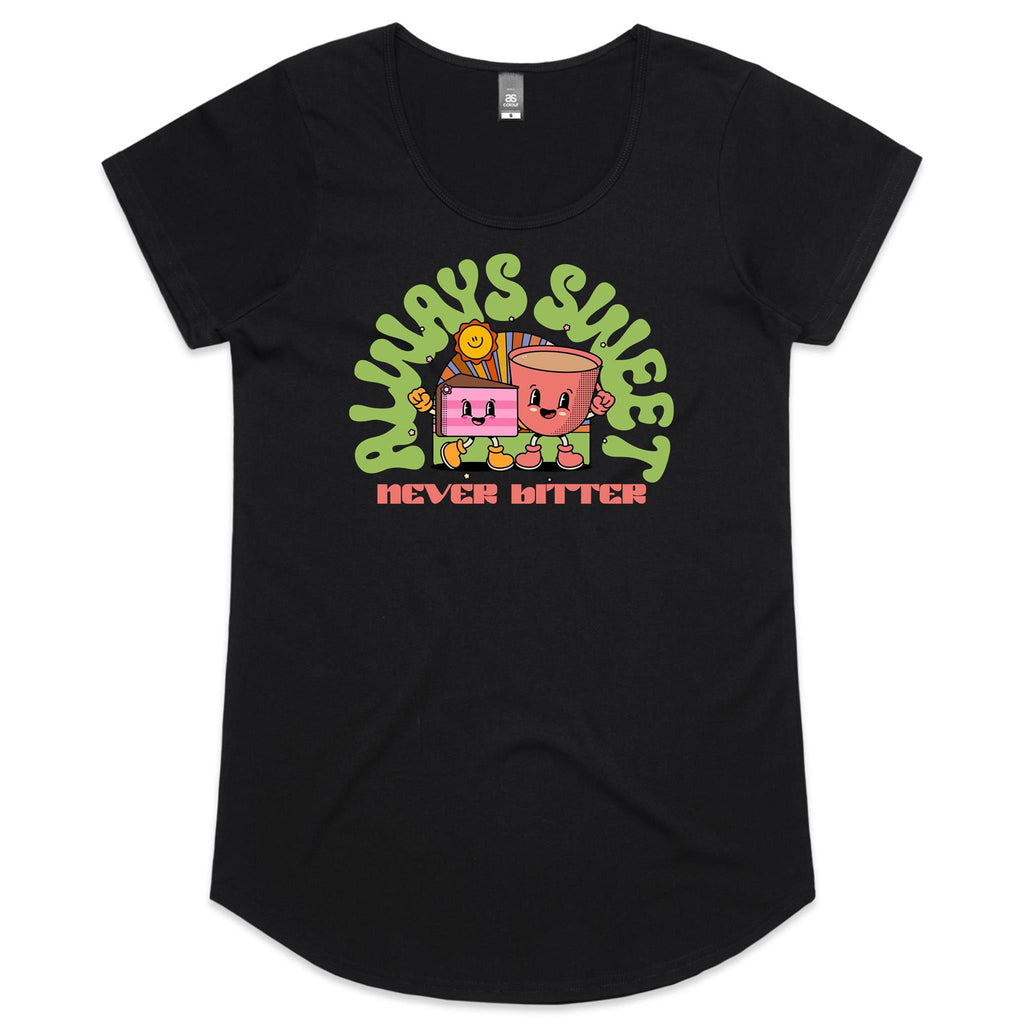 Always Sweet, Never Bitter, Coffee And Cake - Womens Scoop Neck T-Shirt Black Womens Scoop Neck T-shirt Coffee Food Printed In Australia