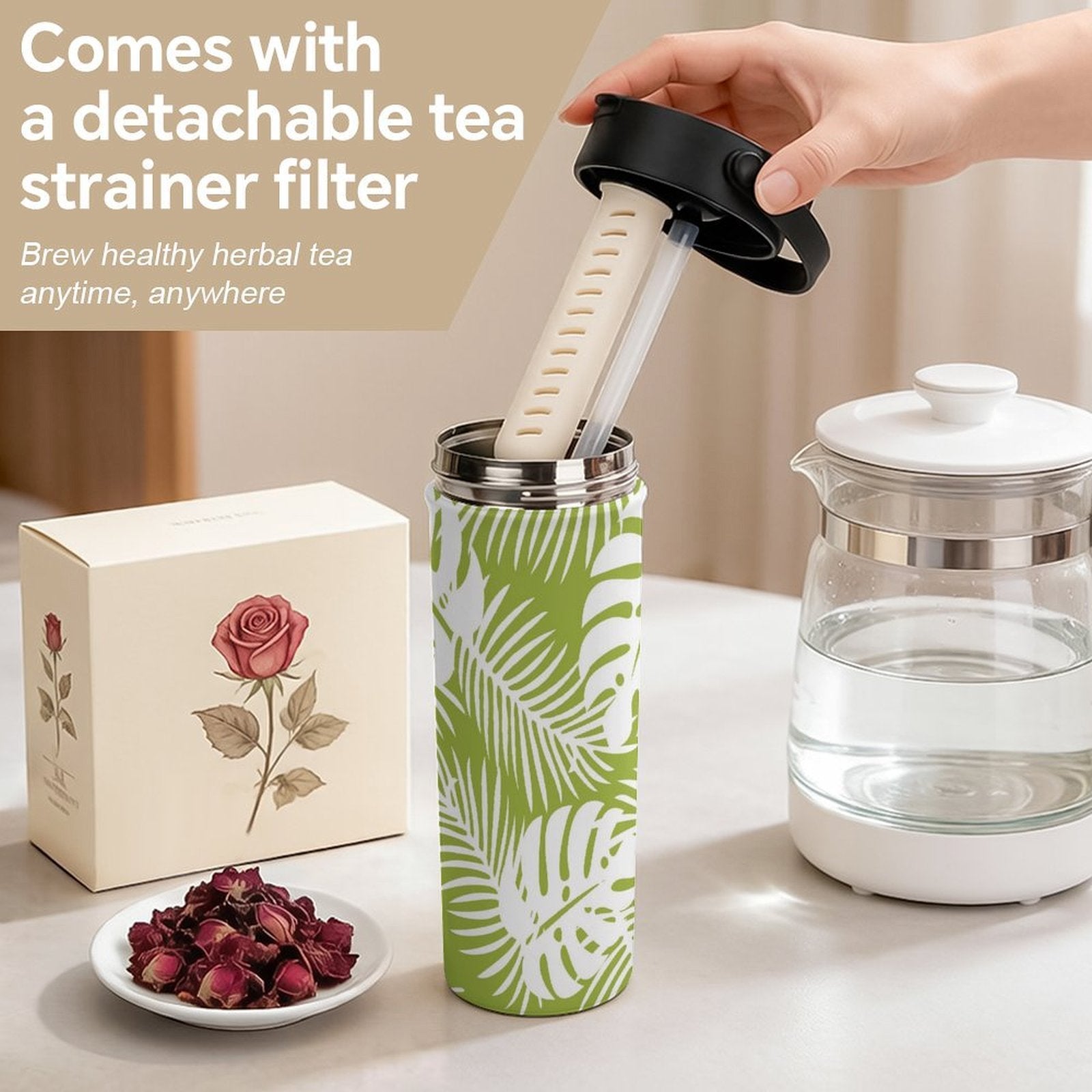 Green Tropical Leaves 20oz Tea Tumbler with Carry Handle