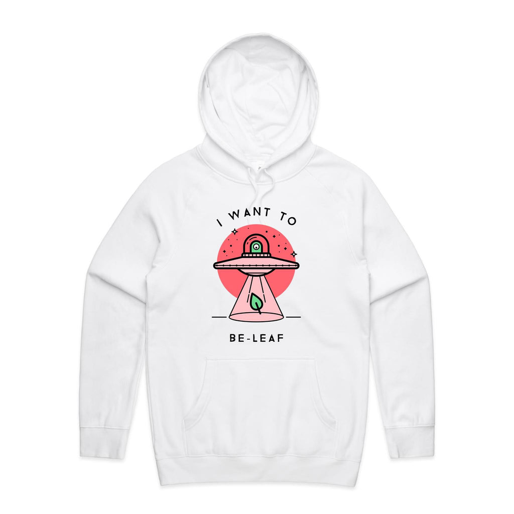 I Want To Be-Leaf, UFO - Mens Hoodie White Mens Hoodie Printed In Australia Sci Fi