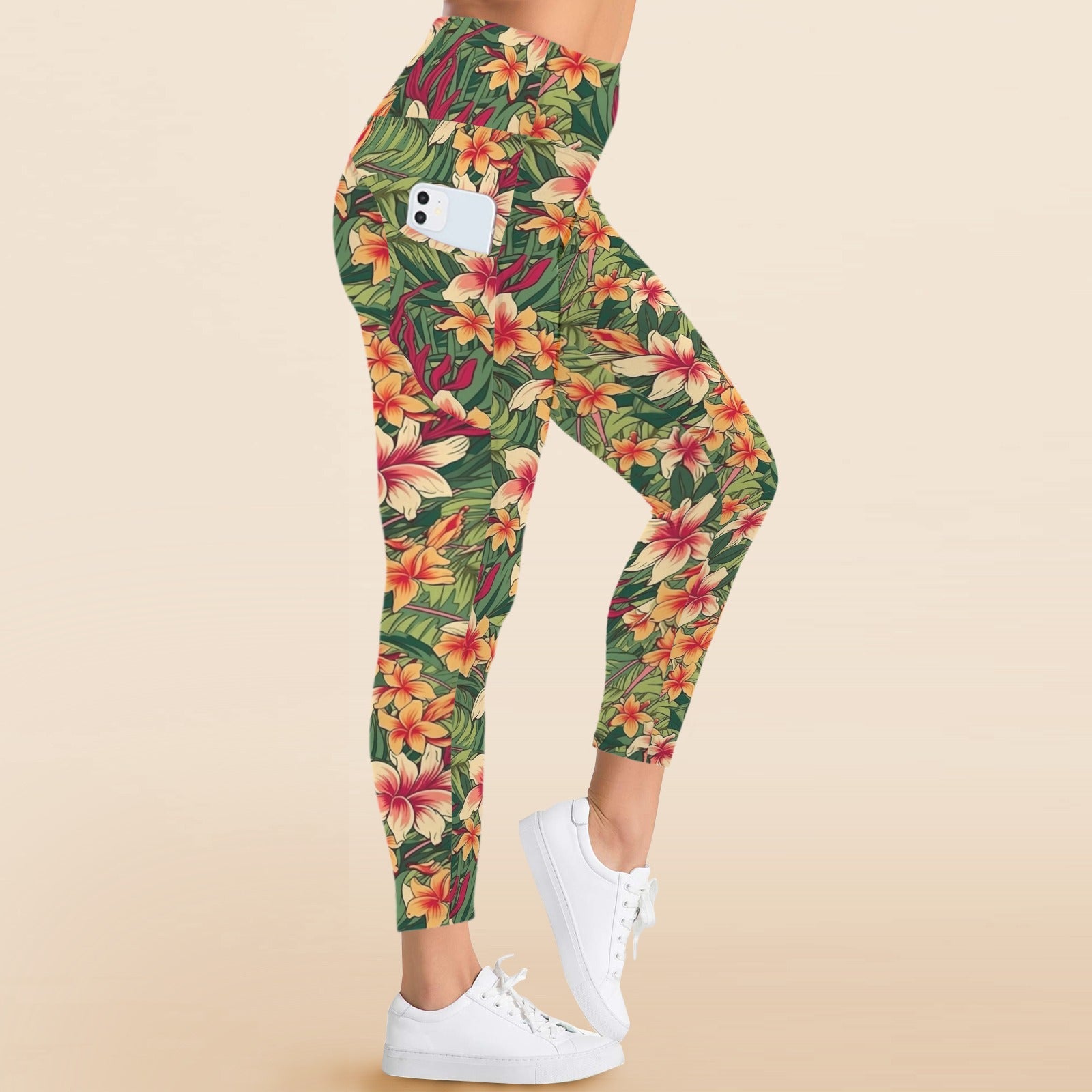 Vintage Hawaiian Flowers - Women's High Waist Pockets Yoga Leggings