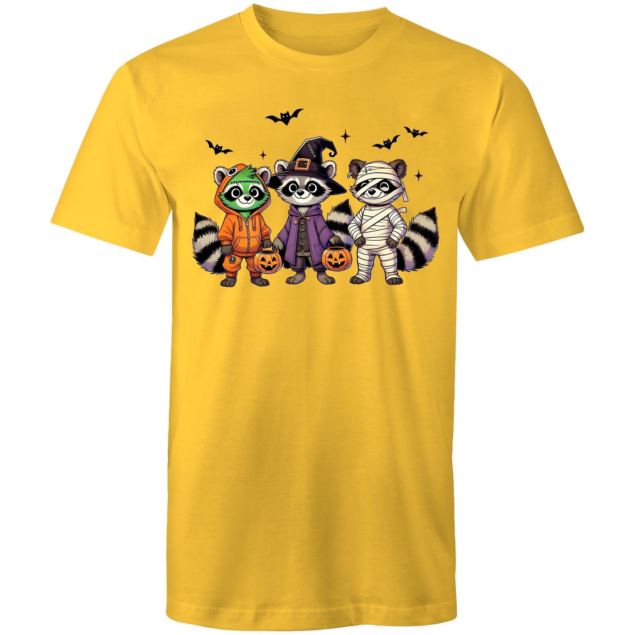 Halloween Raccoons - Mens T-Shirt Yellow Mens T-shirt Halloween Printed In Australia