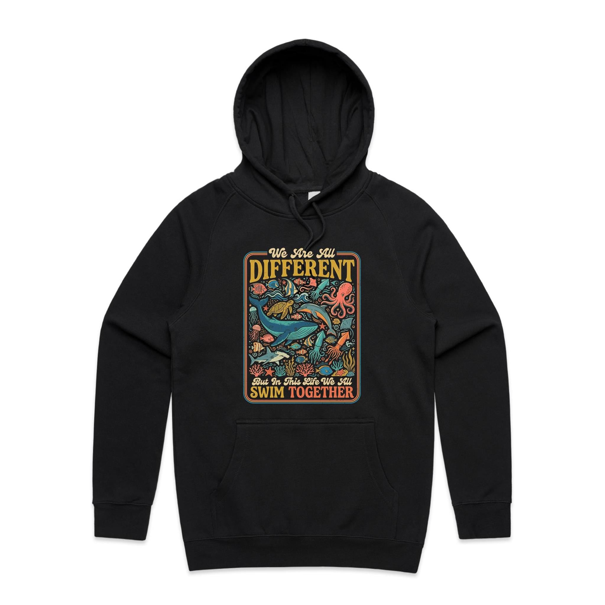 We Are All Different, But We All Swim Together - Men's AS Colour Hoodie Black Mens Hoodie animal Ocean Positivity Printed In Australia