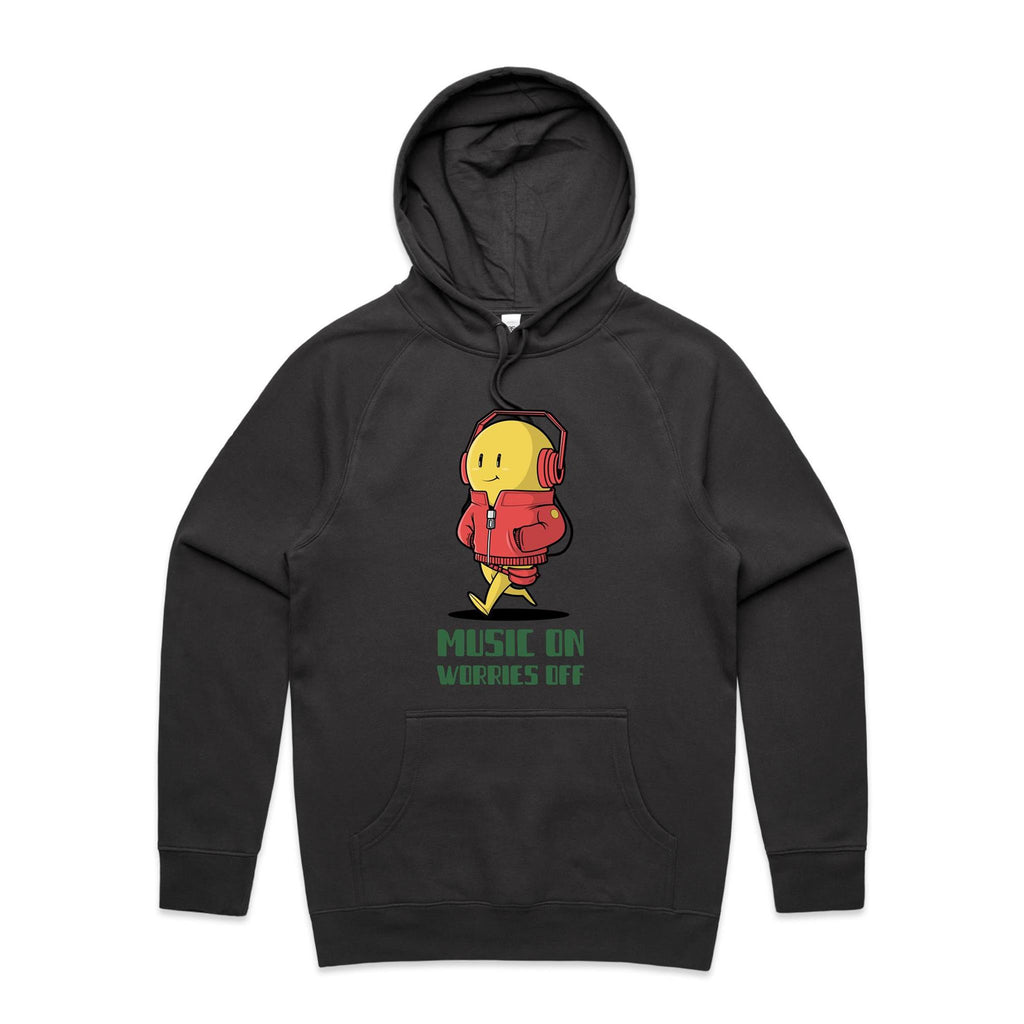 Music On, Worries Off - Mens Hoodie Coal Mens Hoodie Music Printed In Australia