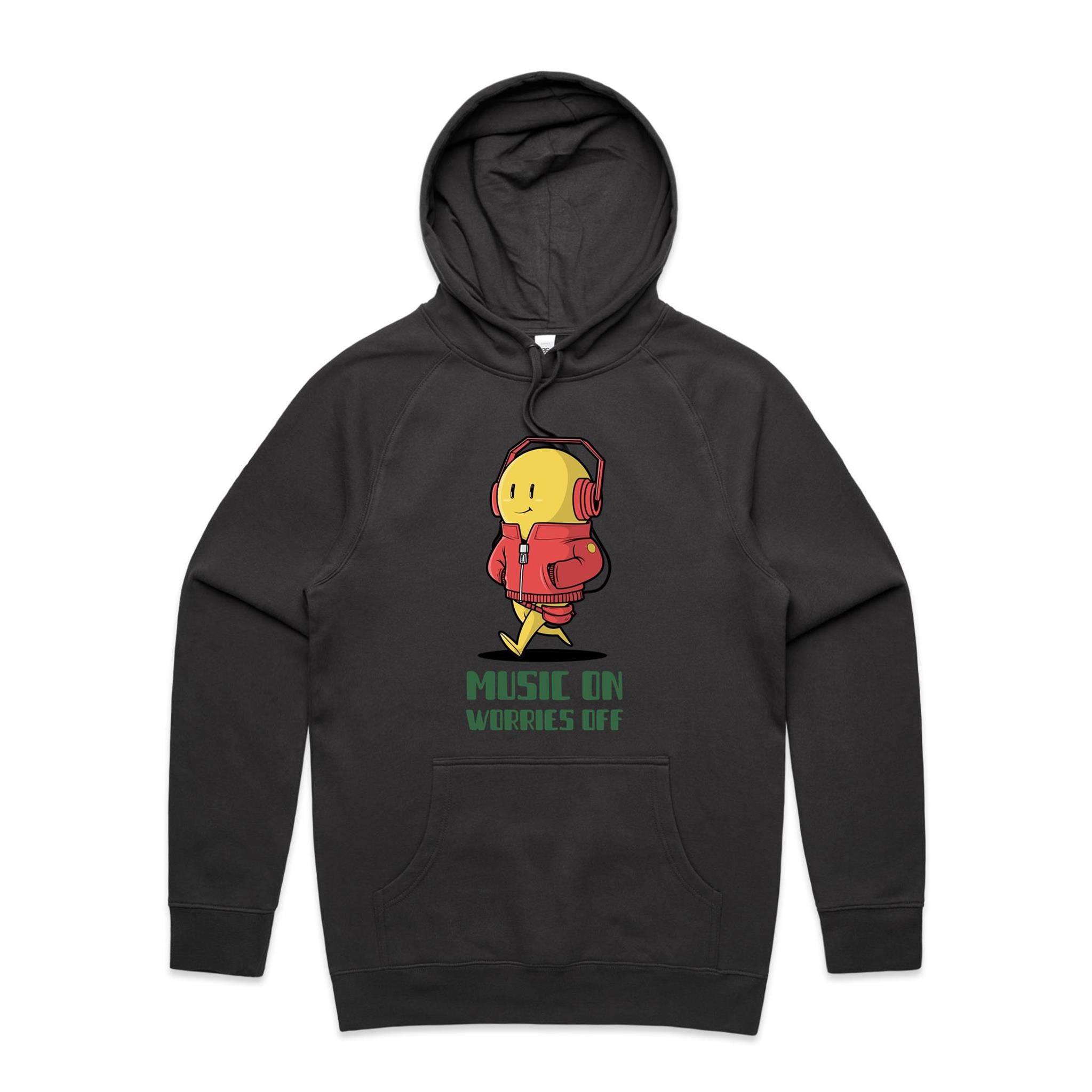 Music On, Worries Off - Mens Hoodie Coal Mens Hoodie Music Printed In Australia