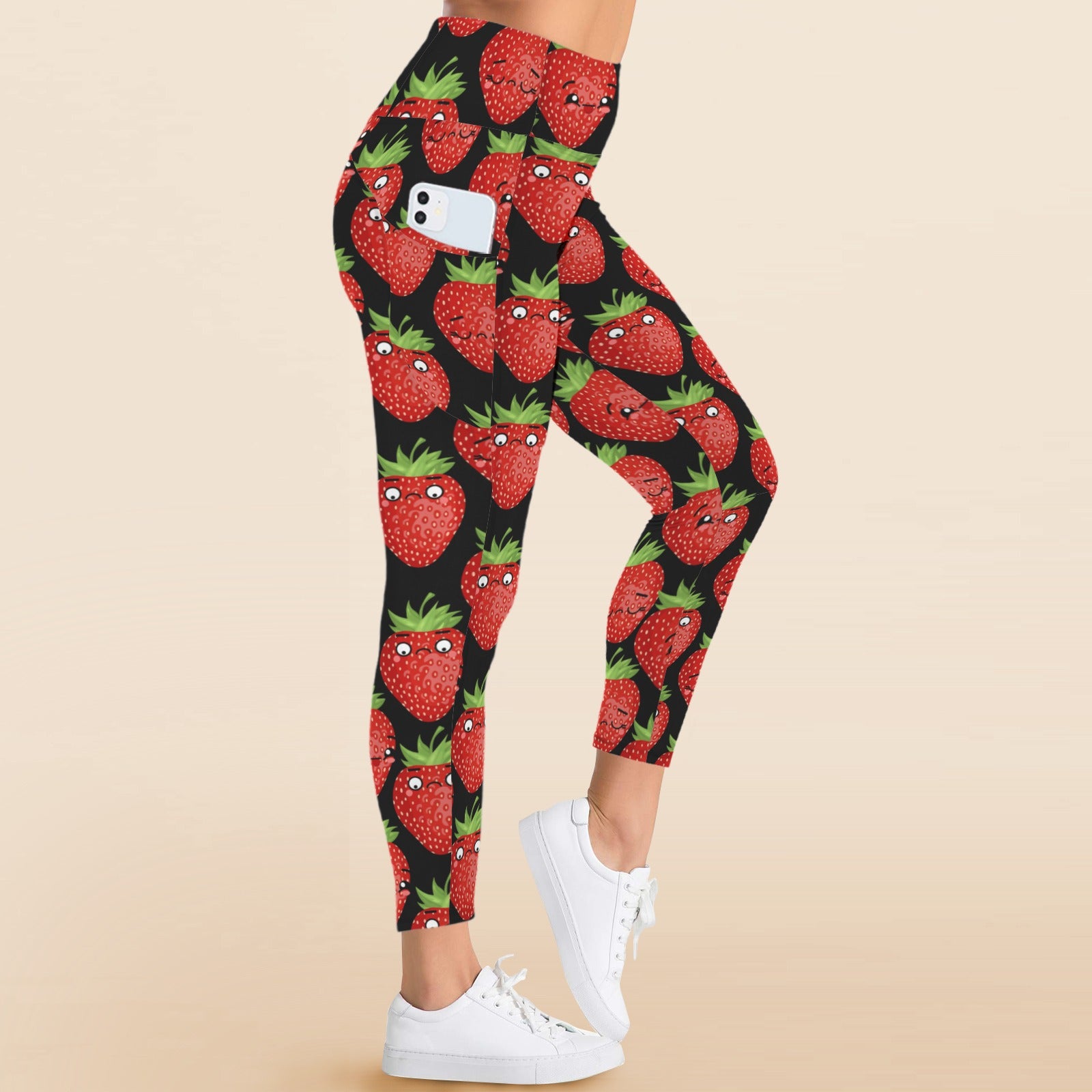 Strawberry Characters - Women's High Waist Pockets Yoga Leggings