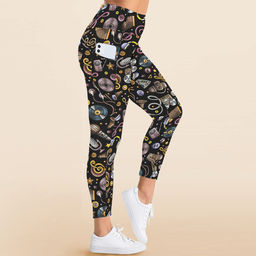 Retro Music Mix - Women's High Waist Pockets Yoga Leggings