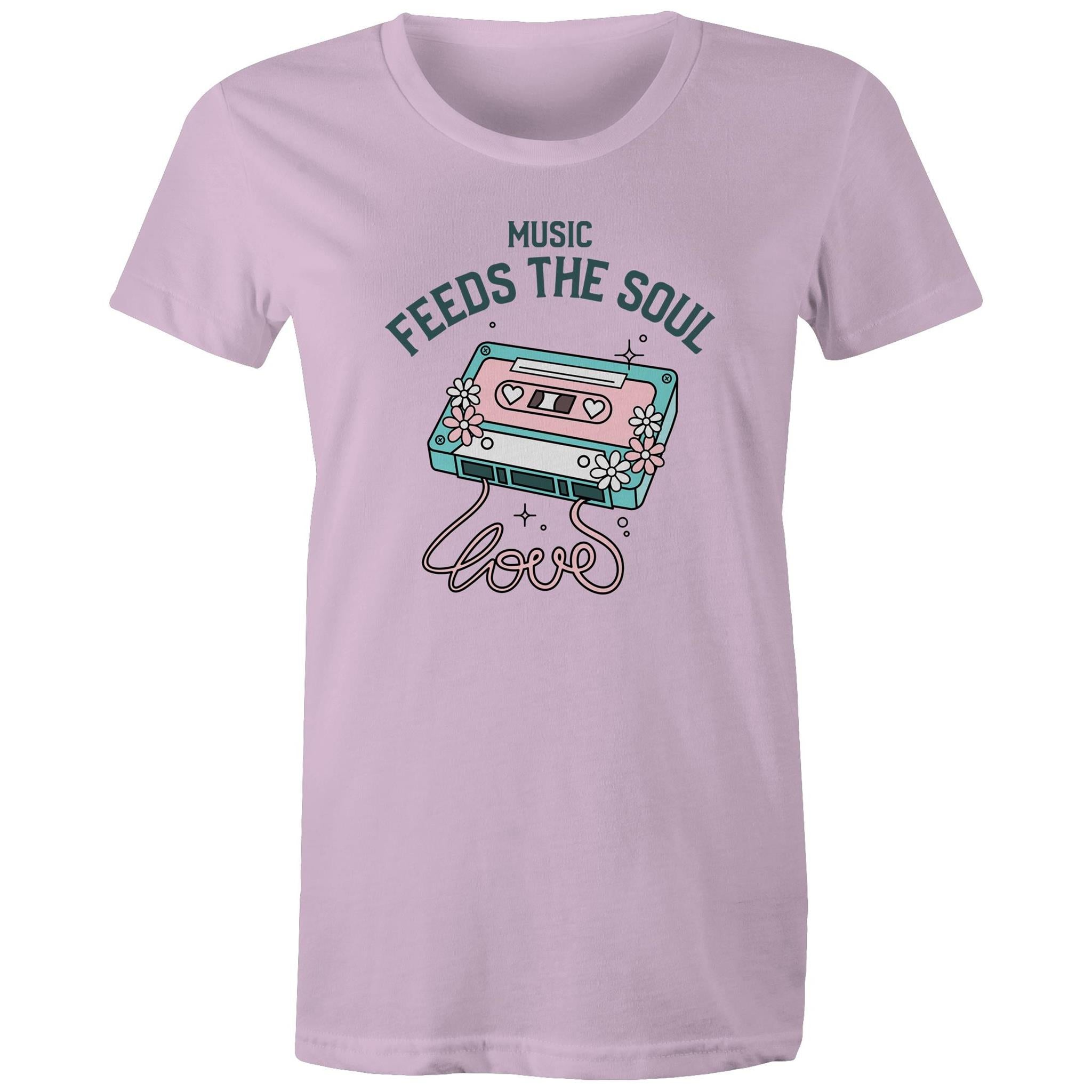 Music Feeds The Soul, Cassette Tape - Womens T-shirt Lavender Womens T-shirt Music Printed In Australia