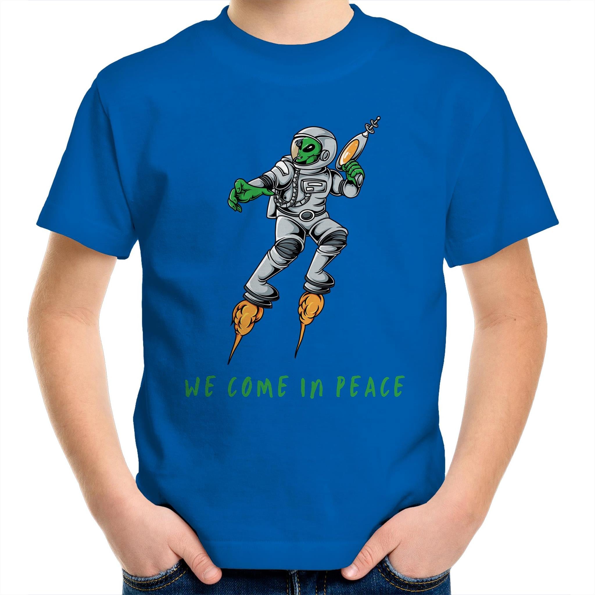 Alien Invasion, We Come In Peace - Kids Youth T-Shirt Bright Royal Kids Youth T-shirt Printed In Australia Sci Fi