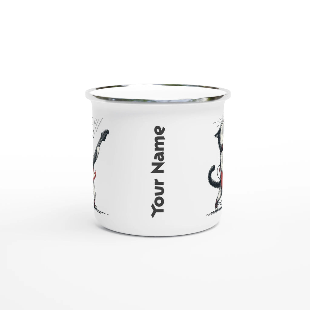 Personalised Cat Playing Guitar White 12oz Enamel Mug Personalised Enamel Mug animal Globally Fulfilled Music