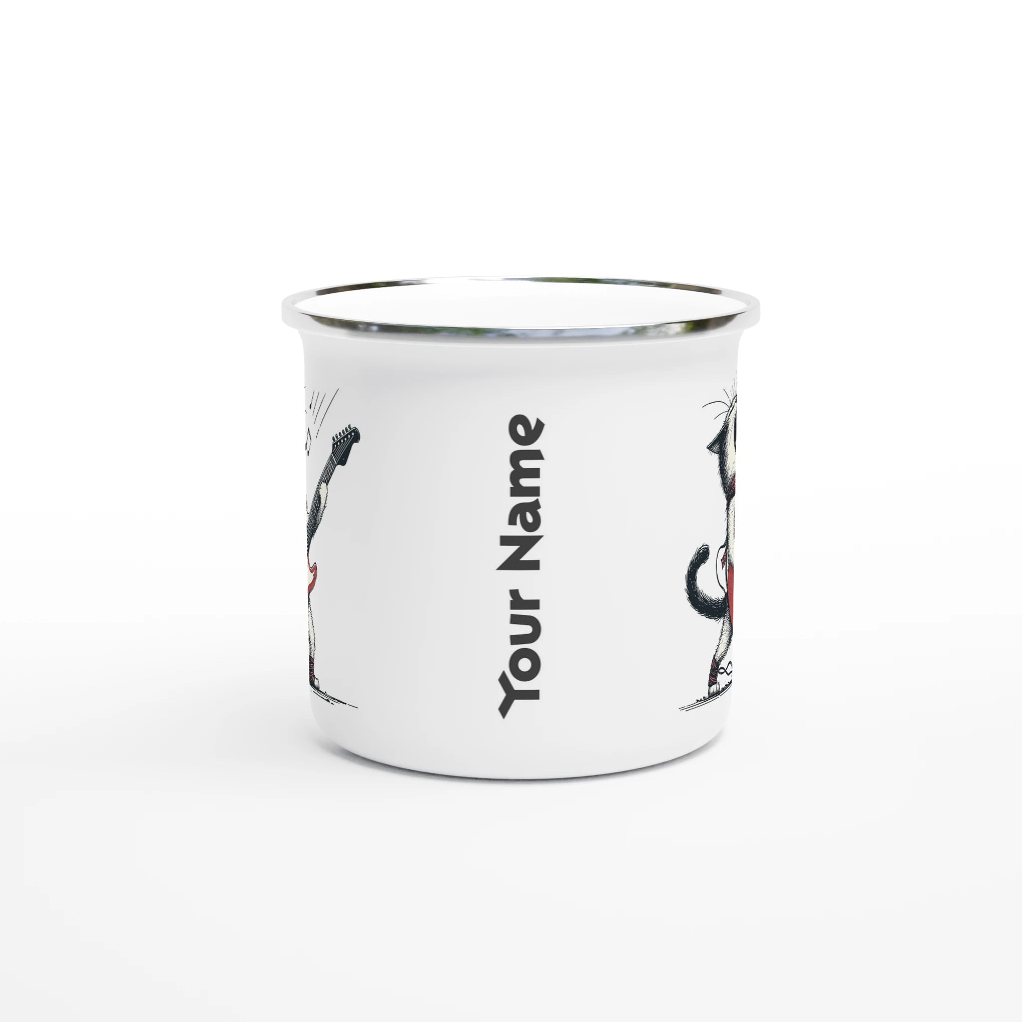 Personalised Cat Playing Guitar White 12oz Enamel Mug Personalised Enamel Mug animal Globally Fulfilled Music