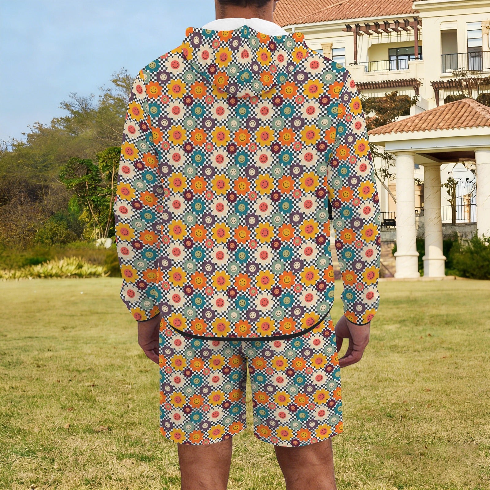 Happy Retro Flowers Men's Lightweight Sun Hoodie & Shorts Set Men's Lightweight Sun Hoodie & Shorts Printed Offshore Retro
