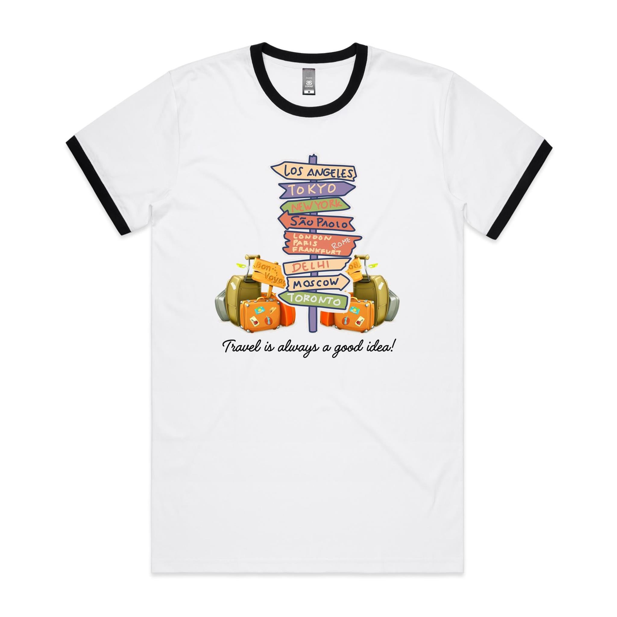 Travel Is Always A Good Idea - Staple Ringer Tee White Black Ringer T-Shirt Printed In Australia