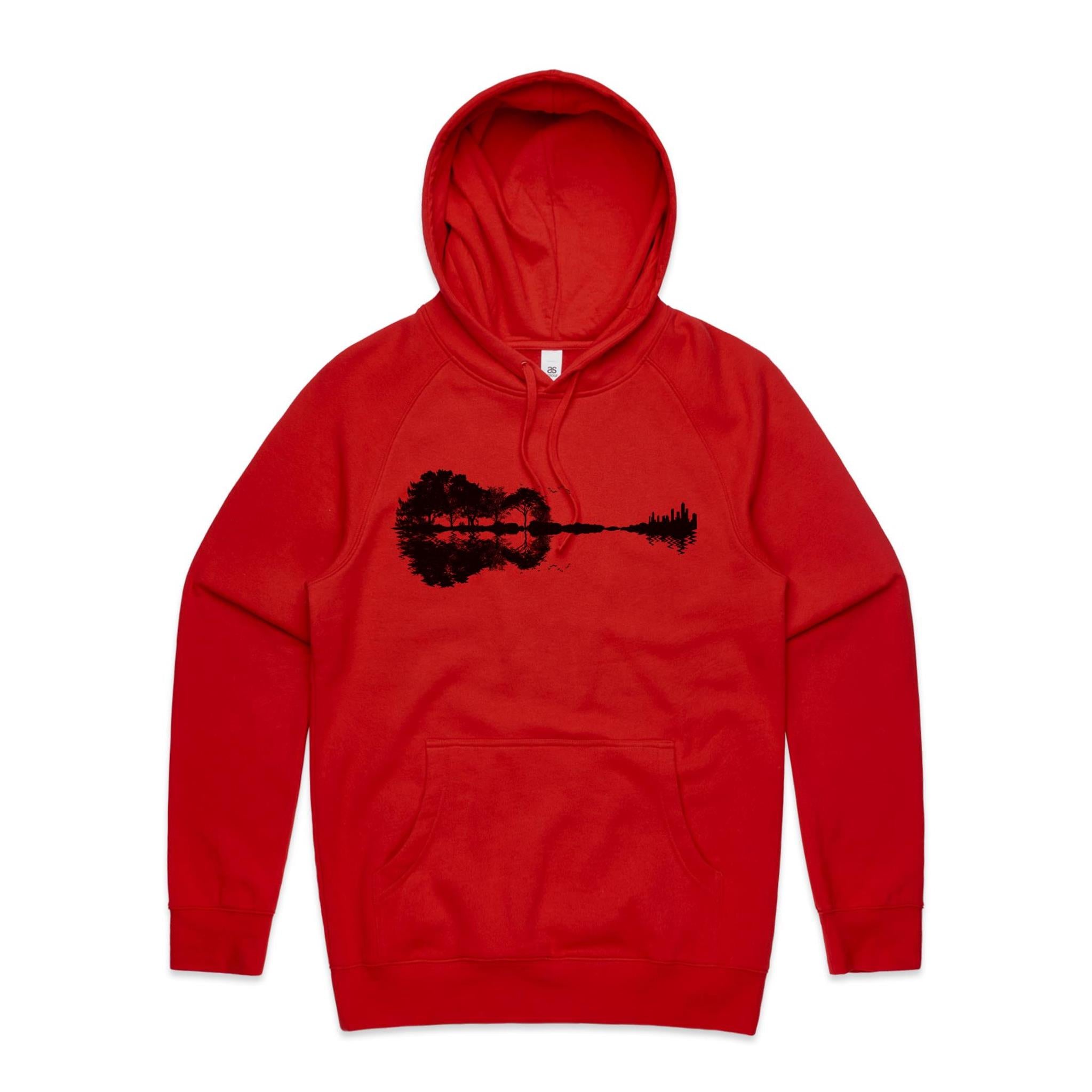 Guitar Reflection - Mens Hoodie Red Mens Hoodie Music Printed In Australia