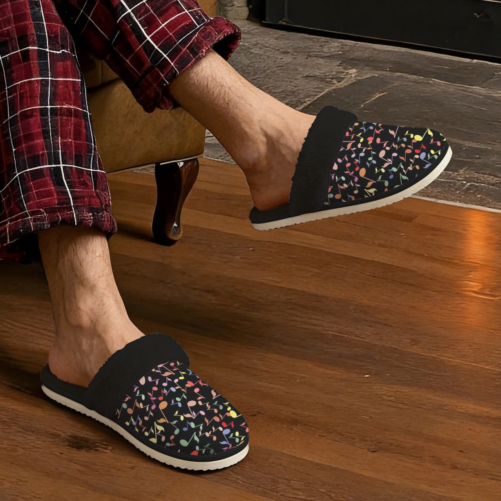 Quavers, Music Notes Men's Fur Trim Thick-Sole Indoor Slippers Men's Fur Trimmed Slippers Music Printed Offshore