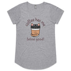 Coffee Has Me Feline Good, Cat - Womens Scoop Neck T-Shirt Grey Marle Womens Scoop Neck T-shirt animal Coffee Printed In Australia