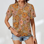 Orange Retro Floral Women's Short-Sleeve Button Up Shirt