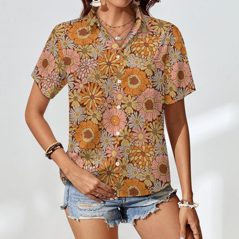 Orange Retro Floral Women's Short-Sleeve Button Up Shirt Women's Short-Sleeve Button Up Shirt Plants Printed Offshore Retro