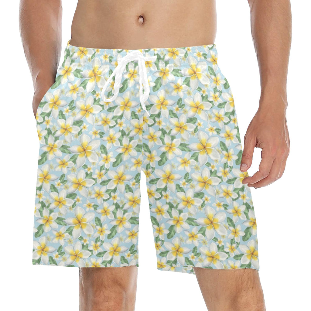 Delicate Frangipani Men's Mid-Length Beach Shorts 5XL Men's Mid-Length Beach Shorts Plants Printed Offshore