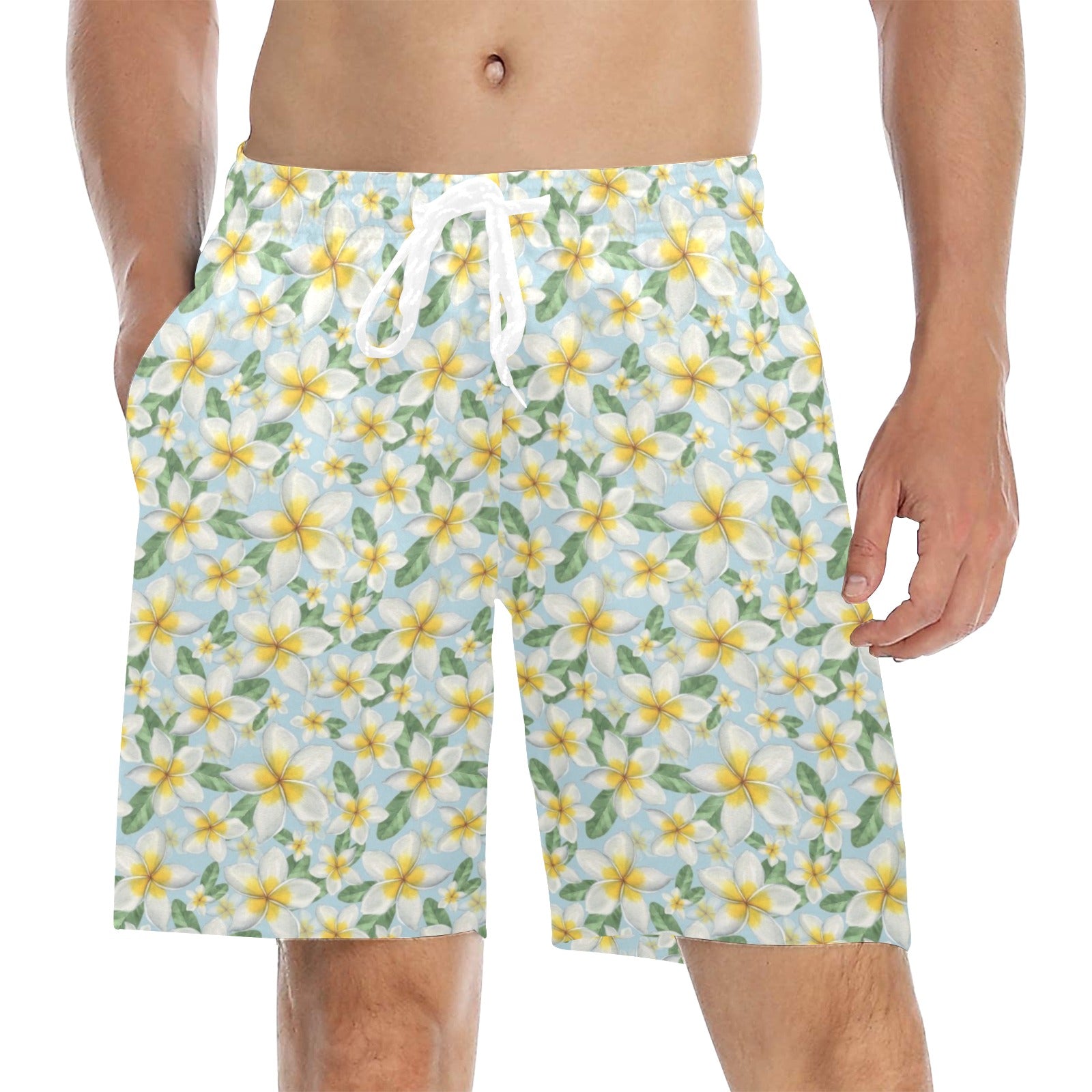 Delicate Frangipani Men's Mid-Length Beach Shorts 5XL Men's Mid-Length Beach Shorts Plants Printed Offshore