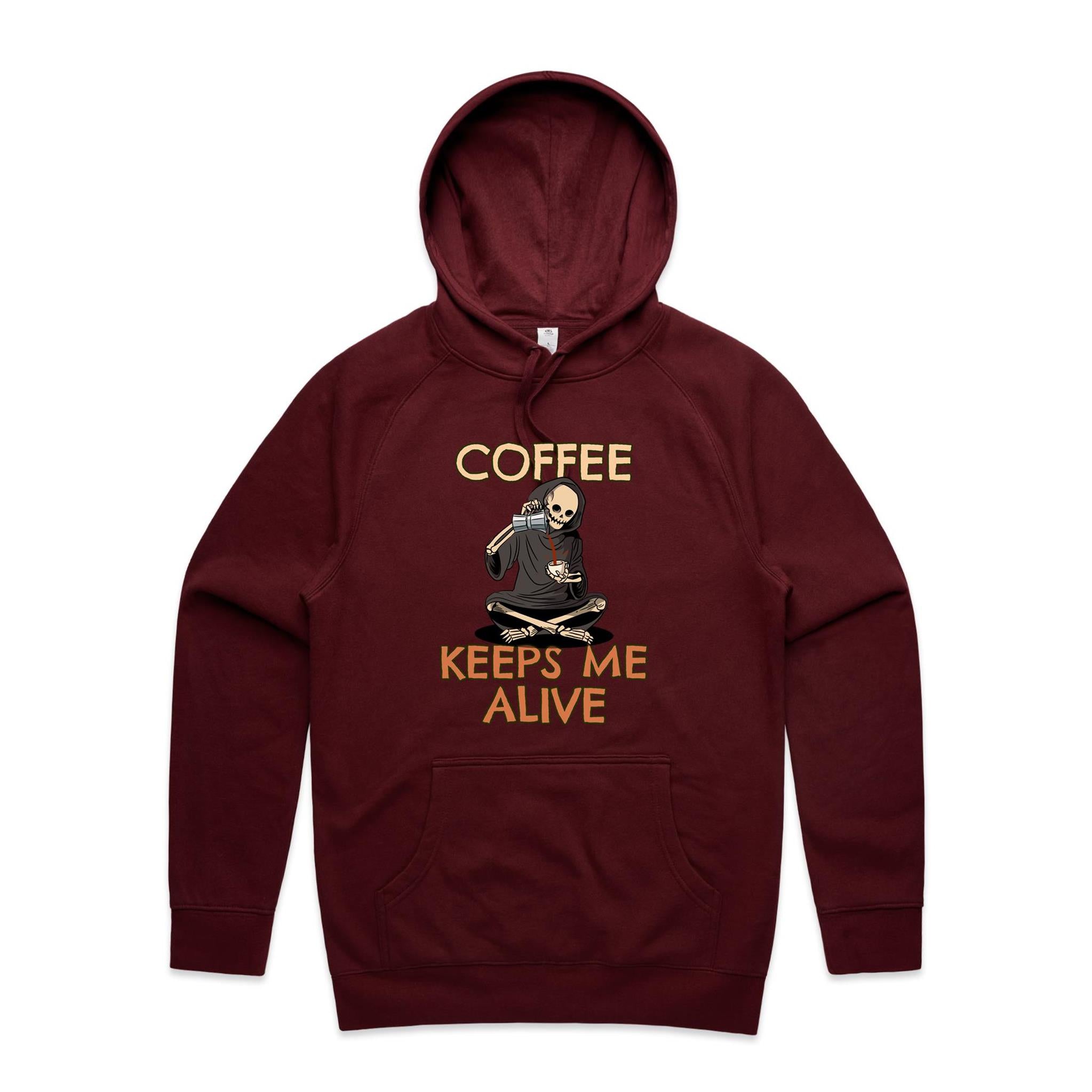 Coffee Keeps Me Alive, Skeleton - Mens Hoodie Burgundy Mens Hoodie Coffee Printed In Australia