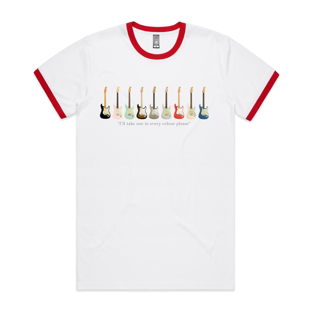 Guitars In Every Colour - Staple Ringer Tee White Red Ringer T-Shirt Music Printed In Australia