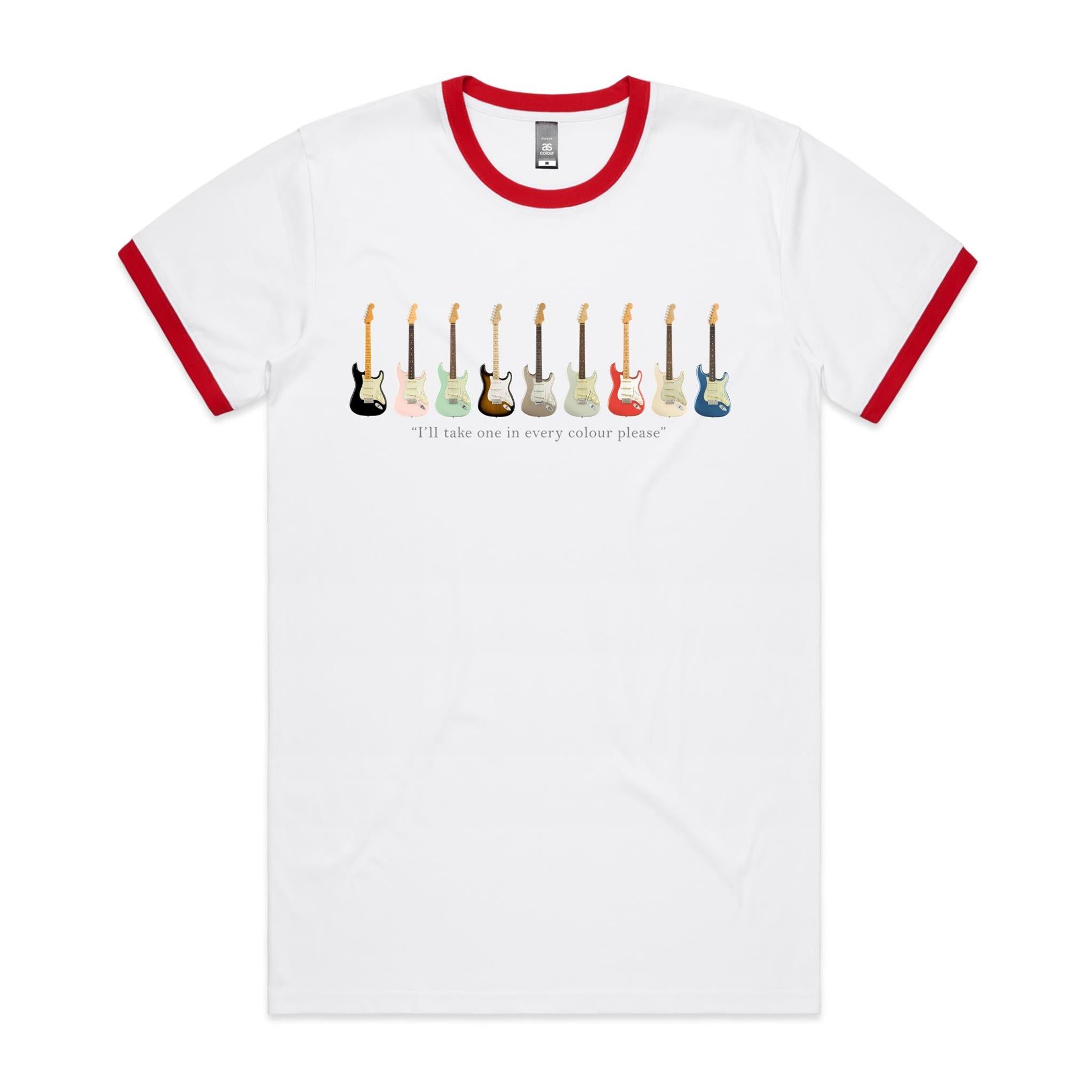 Guitars In Every Colour - Staple Ringer Tee White Red Ringer T-Shirt Music Printed In Australia