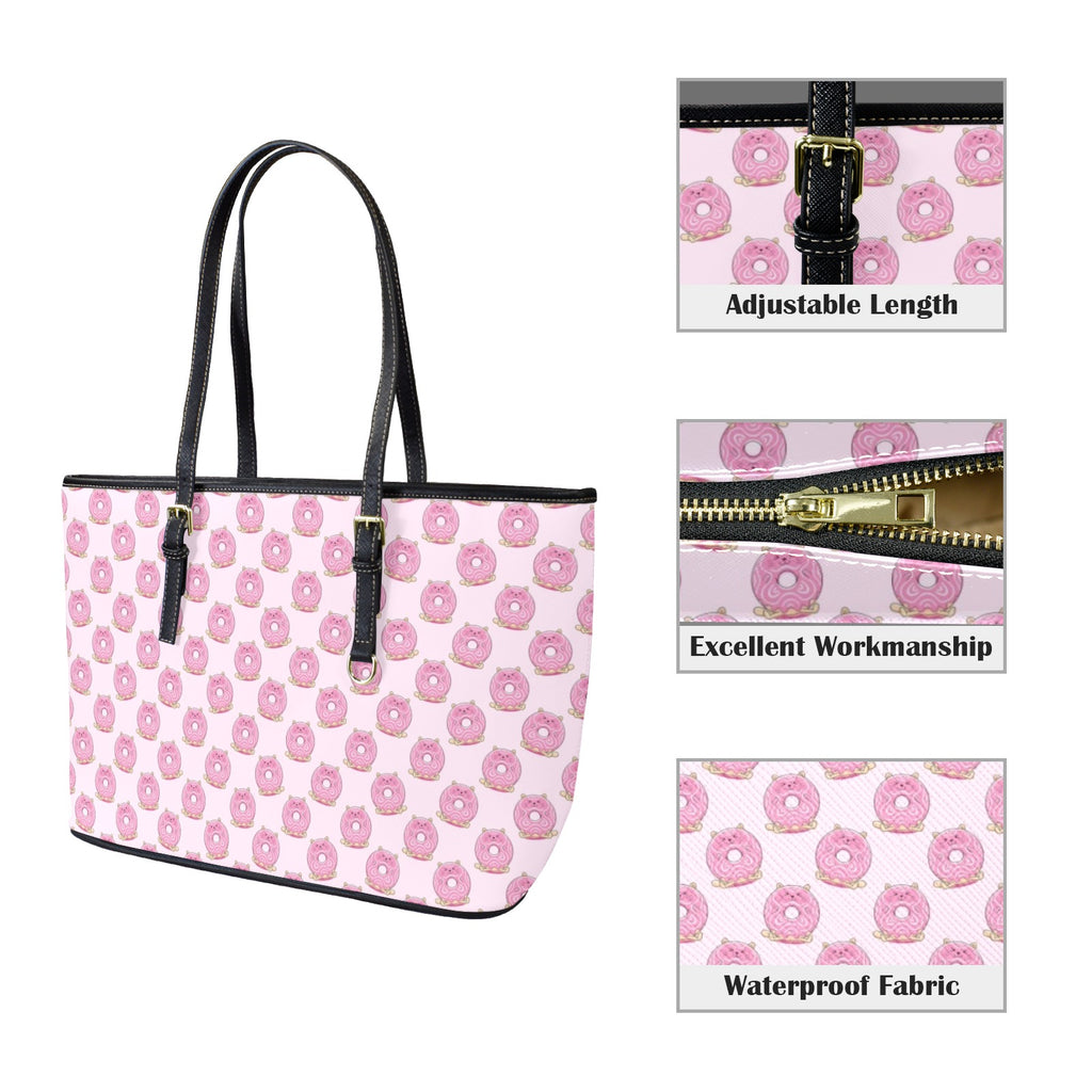 Cat Doughnuts PU Leather Tote Bag Large Leather Tote Bag-Large animal Food Printed Offshore