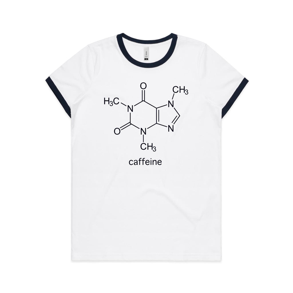 Caffeine Molecule - Women's Ringer Tee White Navy Womens Ringer T-shirt Coffee Printed In Australia Science