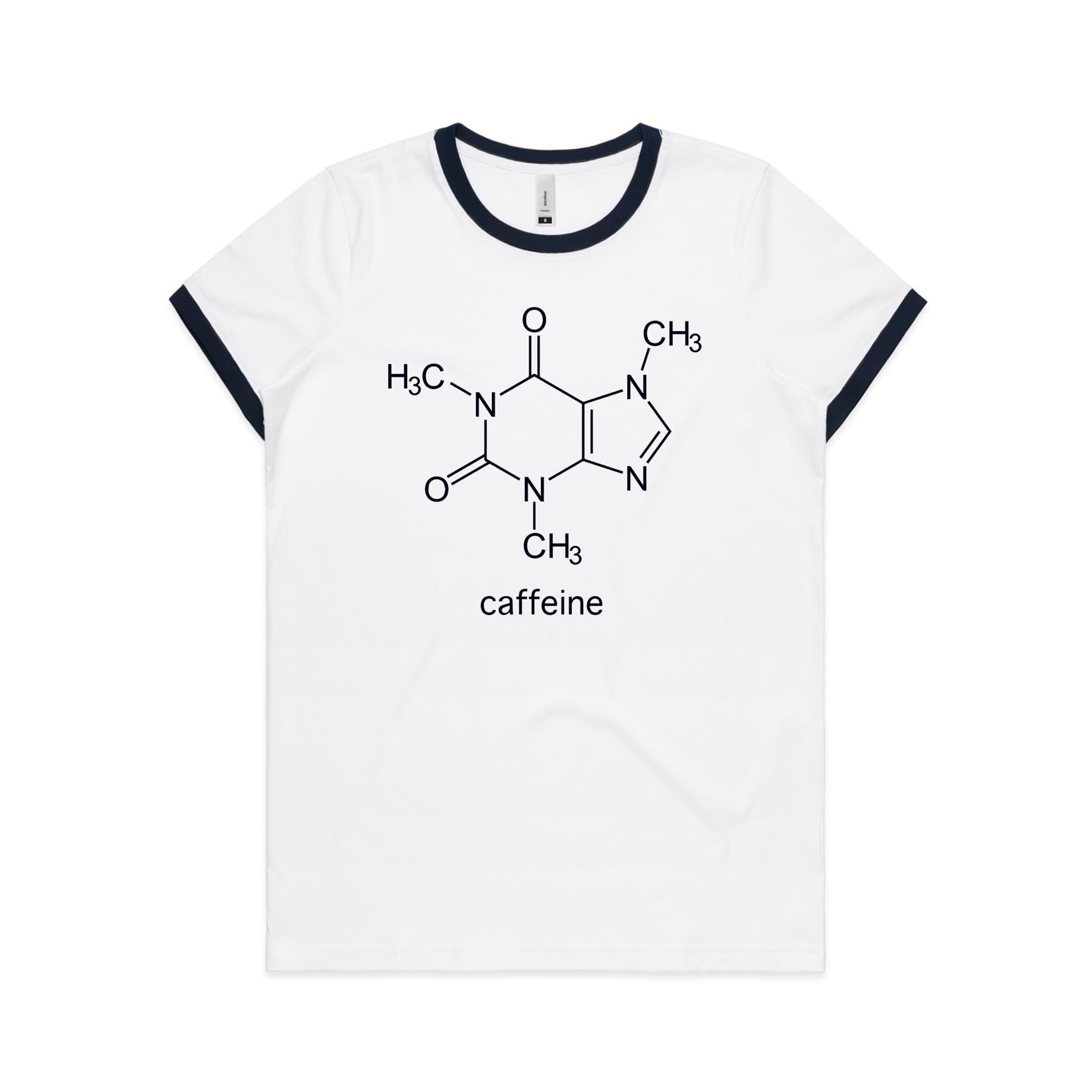 Caffeine Molecule - Women's Ringer Tee White Navy Womens Ringer T-shirt Coffee Printed In Australia Science