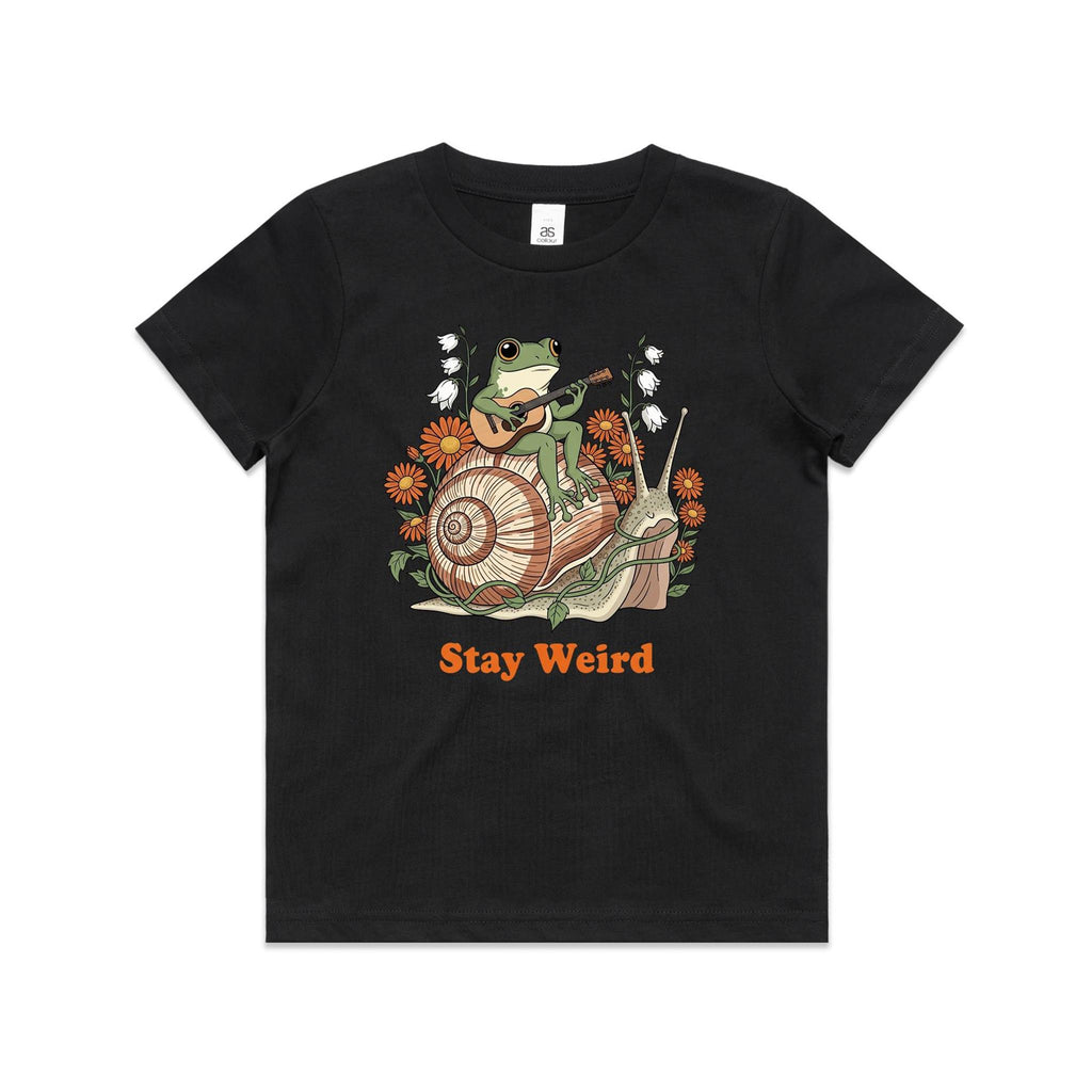 Stay Weird, Guitar Playing Frog On A Snail Kid's AS Colour T-shirt Black Kids Youth T-shirt animal Music Printed In Australia
