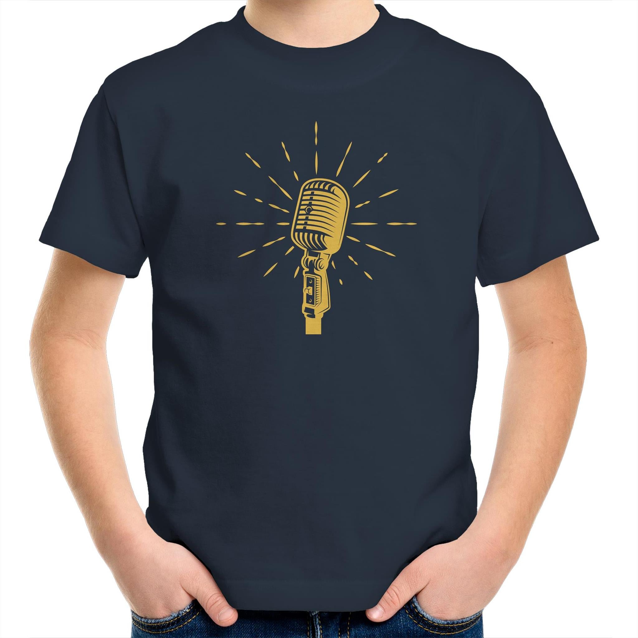 Retro Microphone - Kids Youth T-Shirt Navy Kids Youth T-shirt Music Printed In Australia Retro
