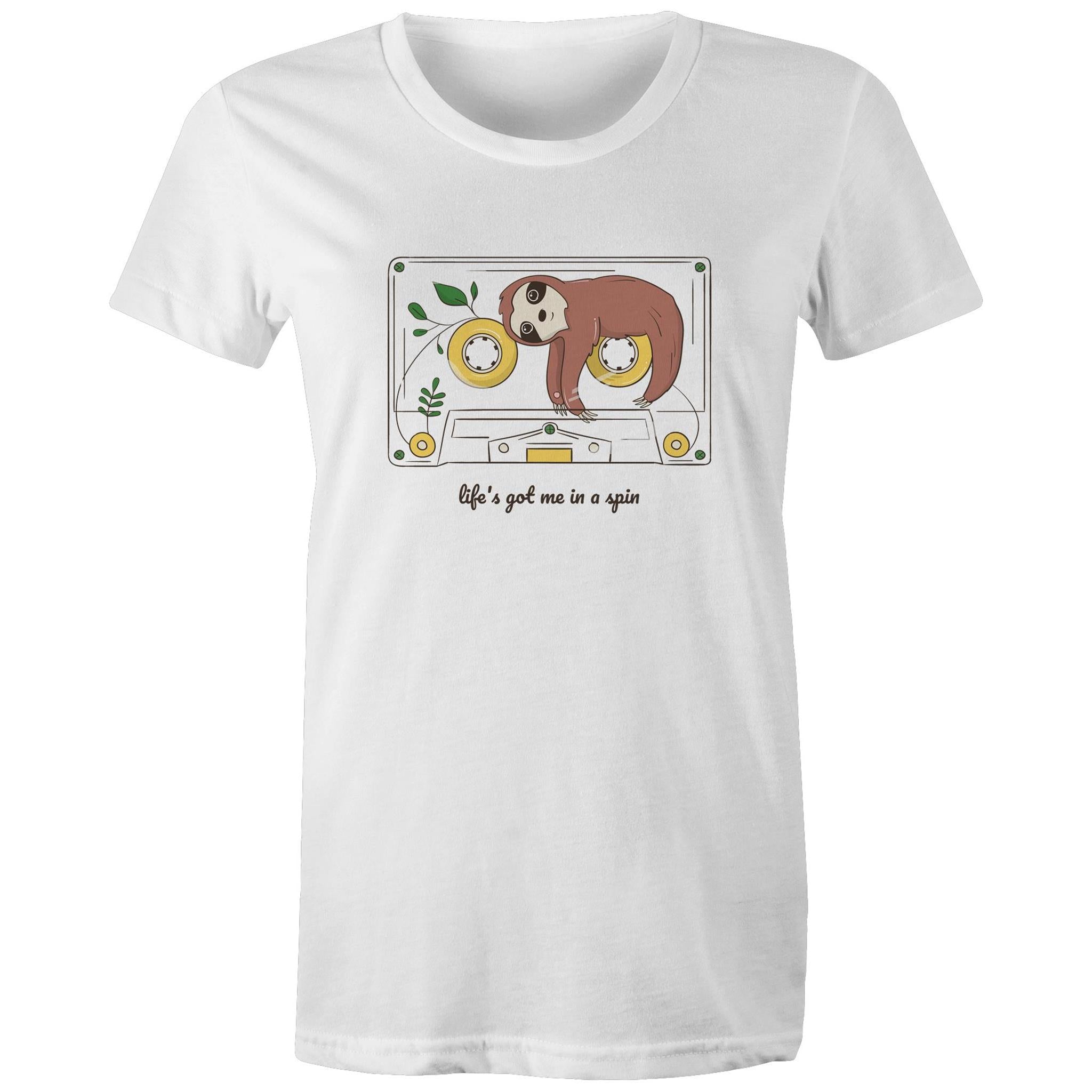 Life's Got Me In A Spin, Sloth, Cassette Tape - Womens T-shirt White Womens T-shirt Music Printed In Australia