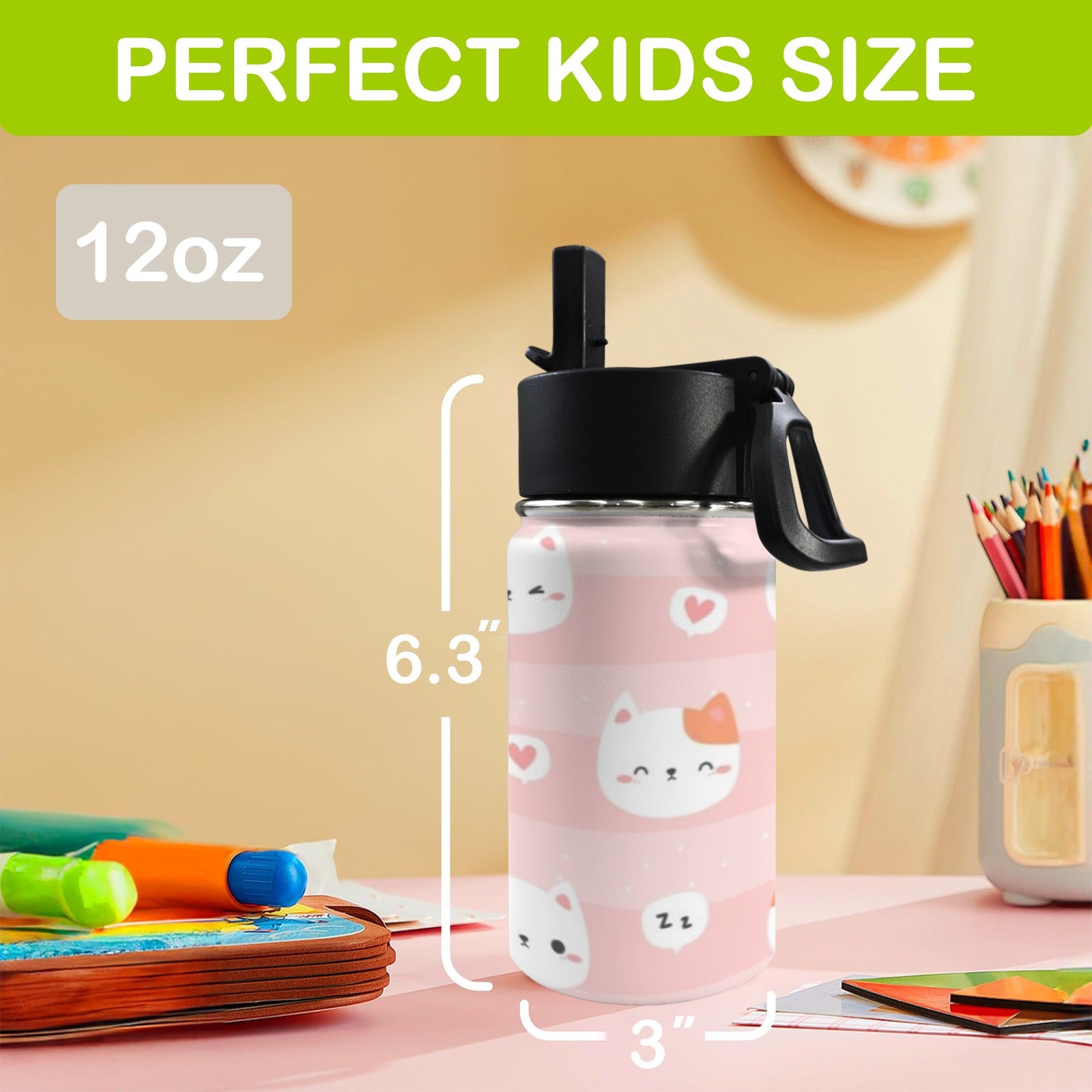 Pink Cats 12oz Kids Water Bottle with Straw Lid