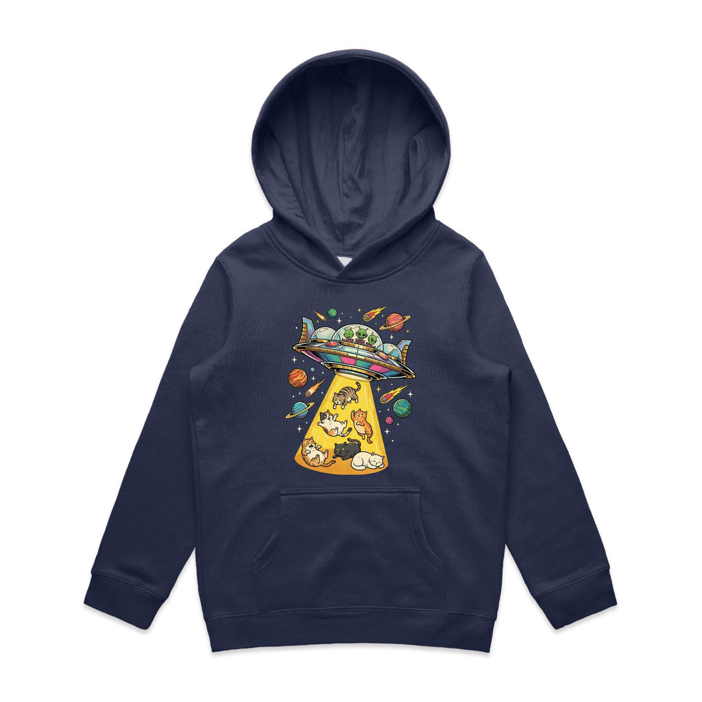 UFO Cat Abduction Kid's AS Colour Hoodie Midnight Blue Kids Hoodie animal Printed In Australia Sci Fi