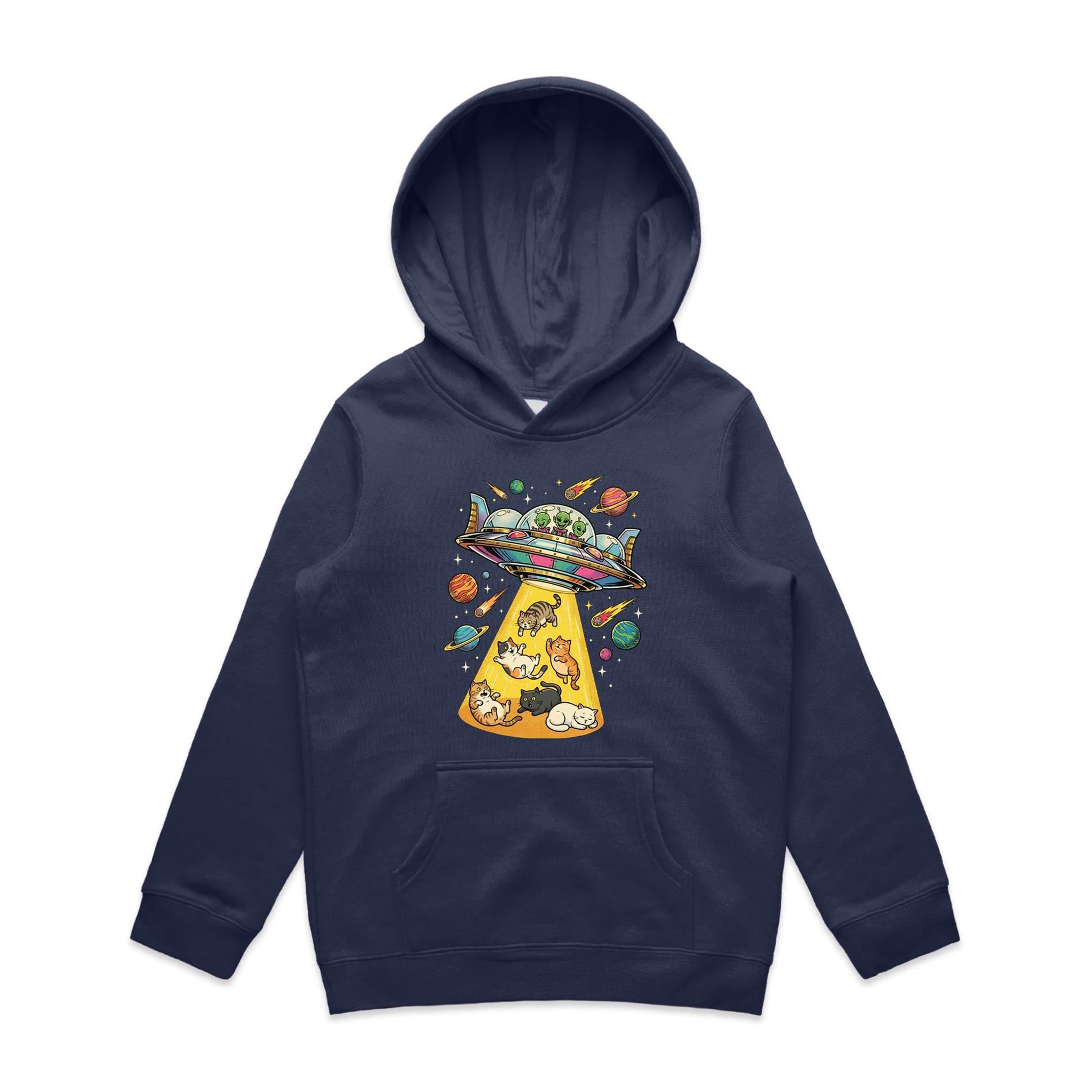 UFO Cat Abduction - Kid's AS Colour Hoodie Midnight Blue Kids Hoodie animal Printed In Australia Sci Fi