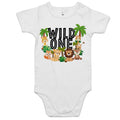 Wild One, Jungle Animals AS Colour Baby Bodysuit White Baby Bodysuit animal Printed In Australia