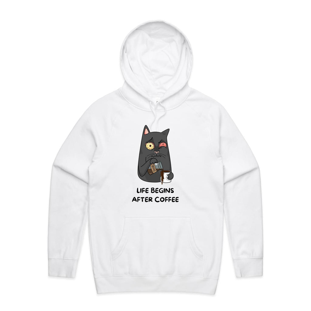 Life Begins After Coffee, Cat - Mens Hoodie White Mens Hoodie animal Coffee Printed In Australia
