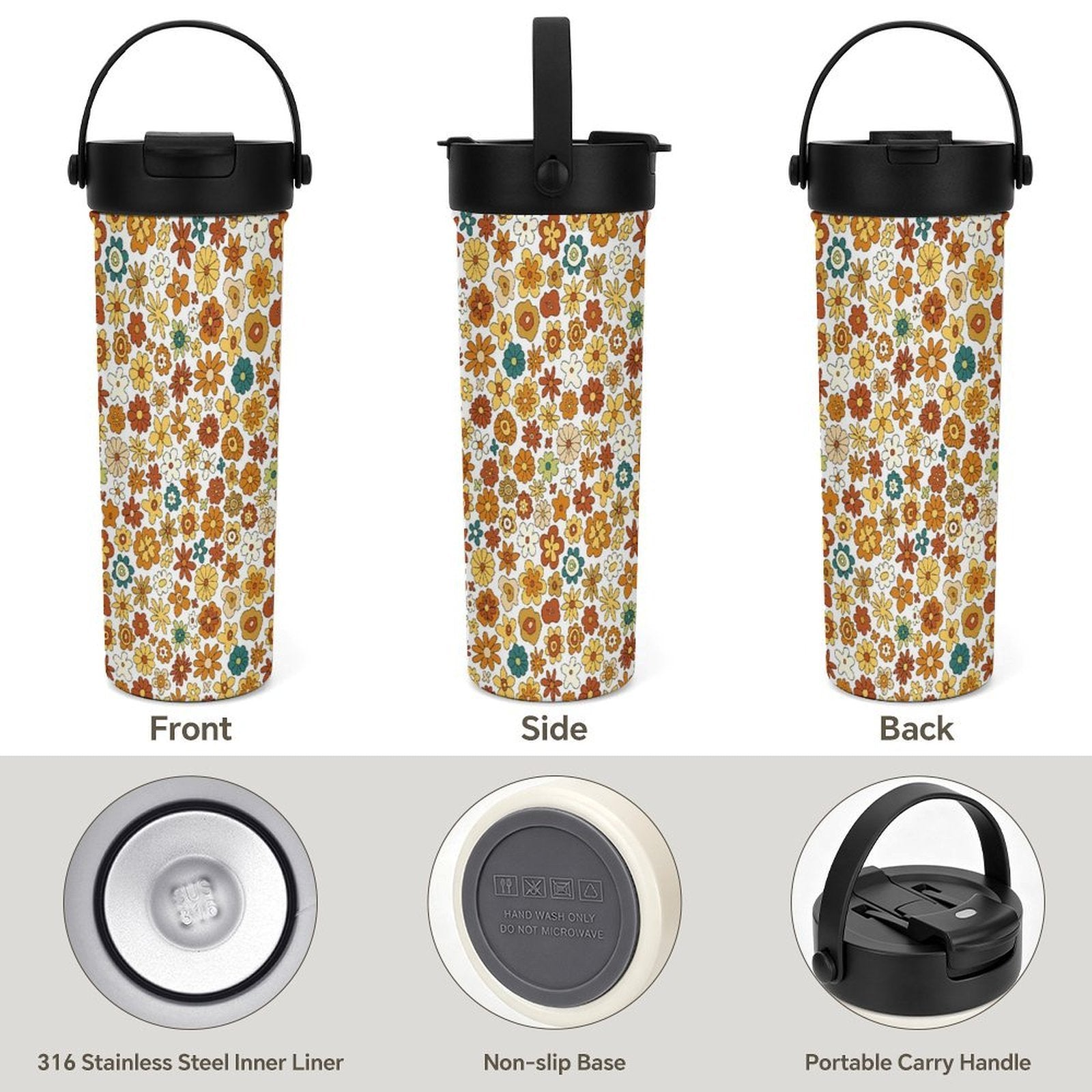 70's Style Floral 20oz Tea Tumbler with Carry Handle