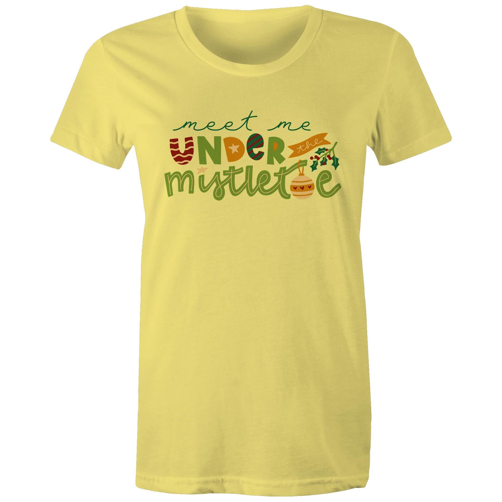 Meet Me Under The Mistletoe, Christmas - Womens T-shirt Yellow Womens Christmas T-shirt Christmas Printed In Australia