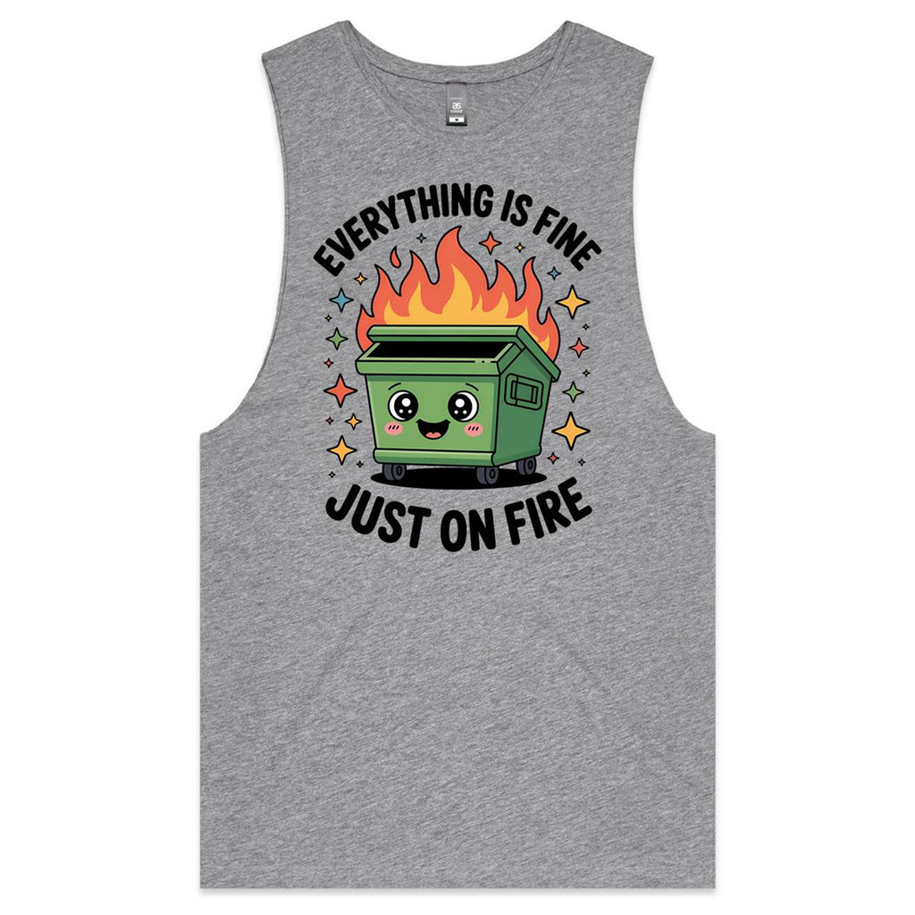 Skip Bin, Dumpster Fire Mens Men's AS Colour Drop Arm Tank Top Grey Marle Drop Arm Tank Top Printed In Australia