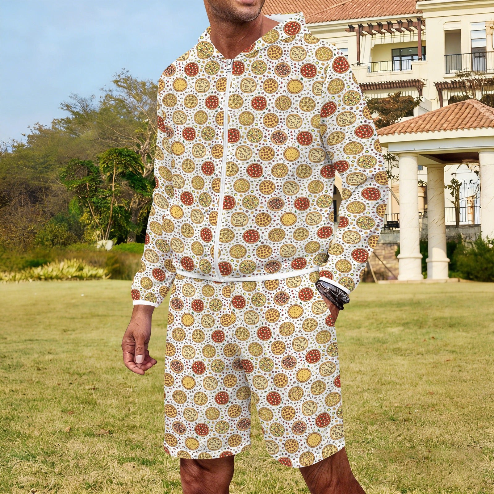 Round Pizzas On White Men's Lightweight Sun Hoodie & Shorts Set Men's Lightweight Sun Hoodie & Shorts Food Printed Offshore
