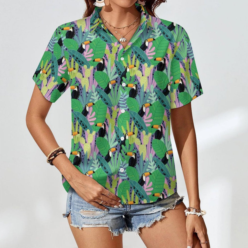 Bright Toucan Women's Short-Sleeve Button Up Shirt Women's Short-Sleeve Button Up Shirt animal Printed Offshore