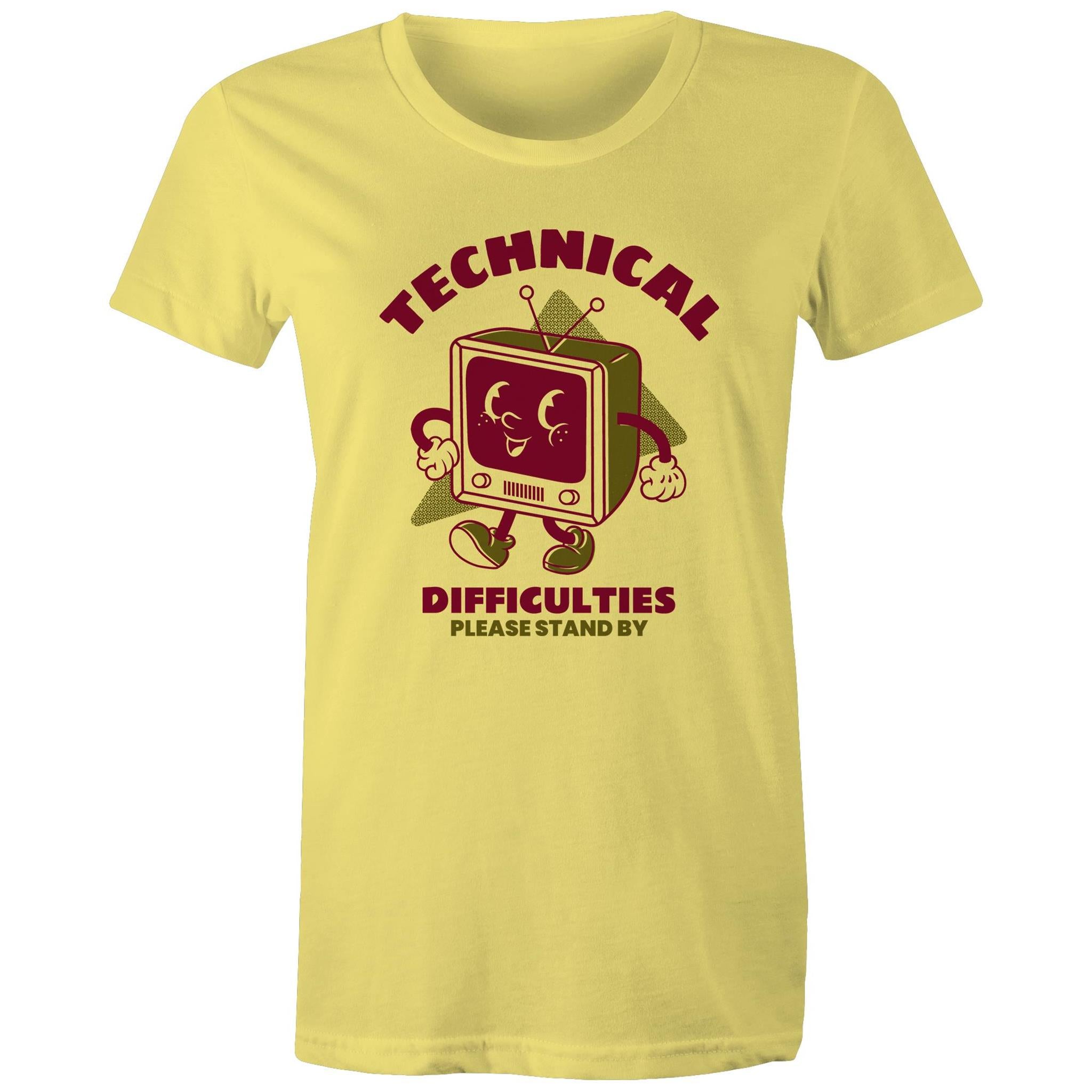 Retro TV, Technical Difficulties - Womens T-shirt Yellow Womens T-shirt Printed In Australia Retro Tech