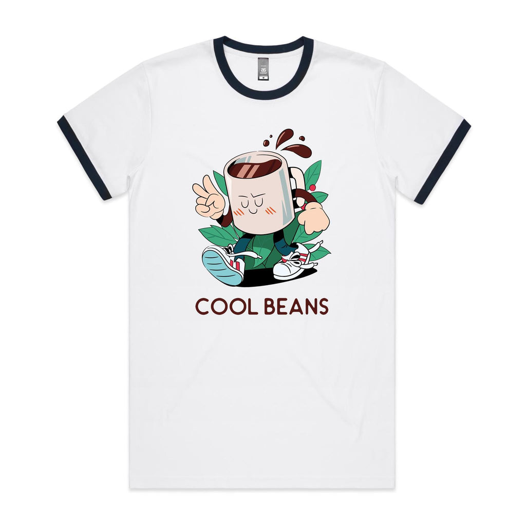 Cool Beans, Coffee - Staple Ringer Tee White Navy Ringer T-Shirt Coffee Printed In Australia