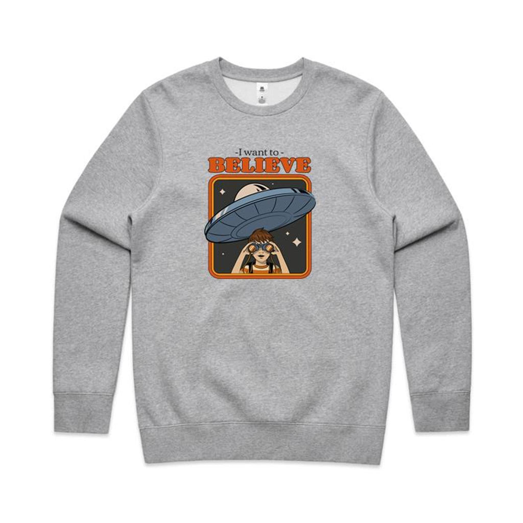 I Want To Believe, UFO - AS Colour Stencil Crew Grey Marle Sweatshirt Printed In Australia Sci Fi