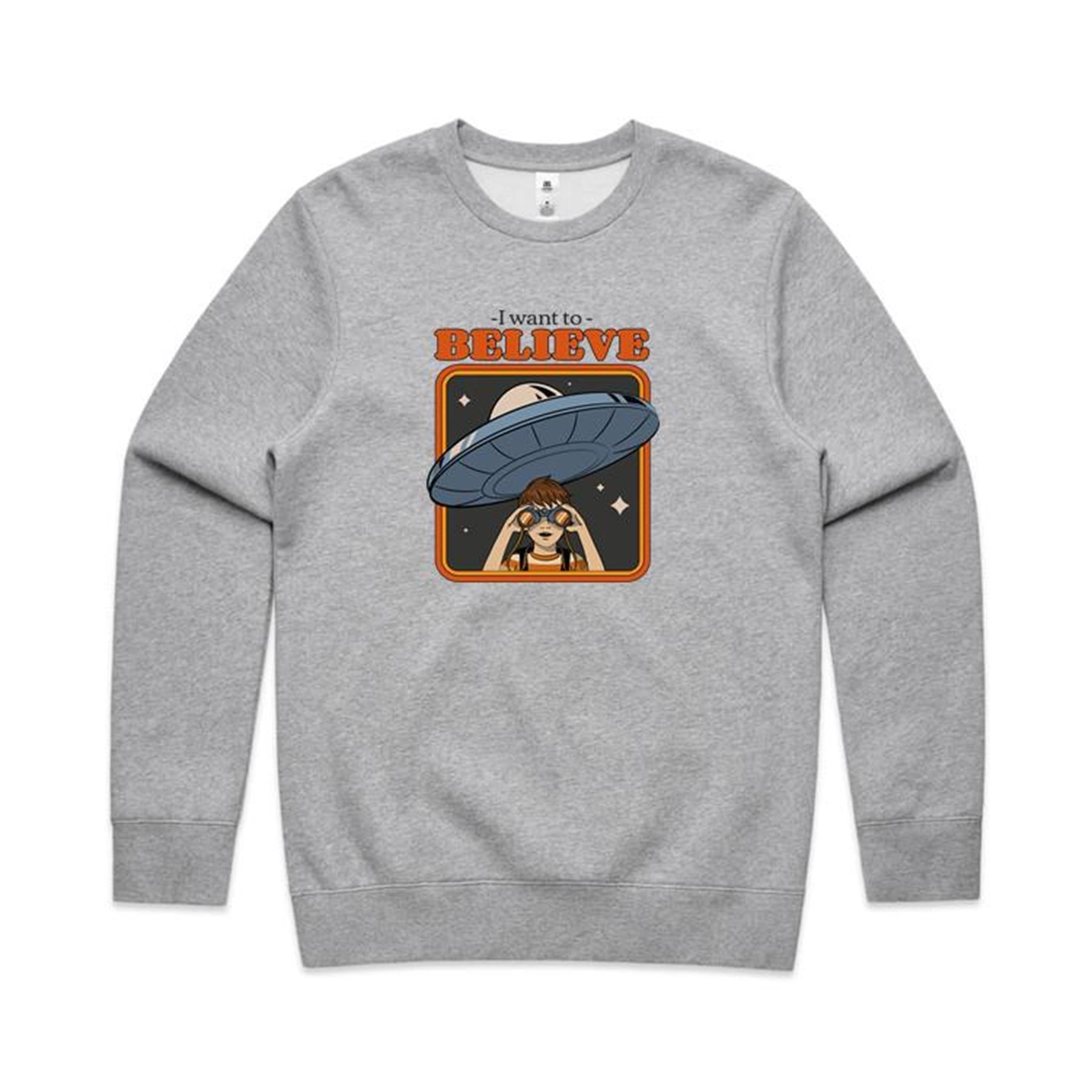 I Want To Believe, UFO - AS Colour Stencil Crew Grey Marle Sweatshirt Printed In Australia Sci Fi