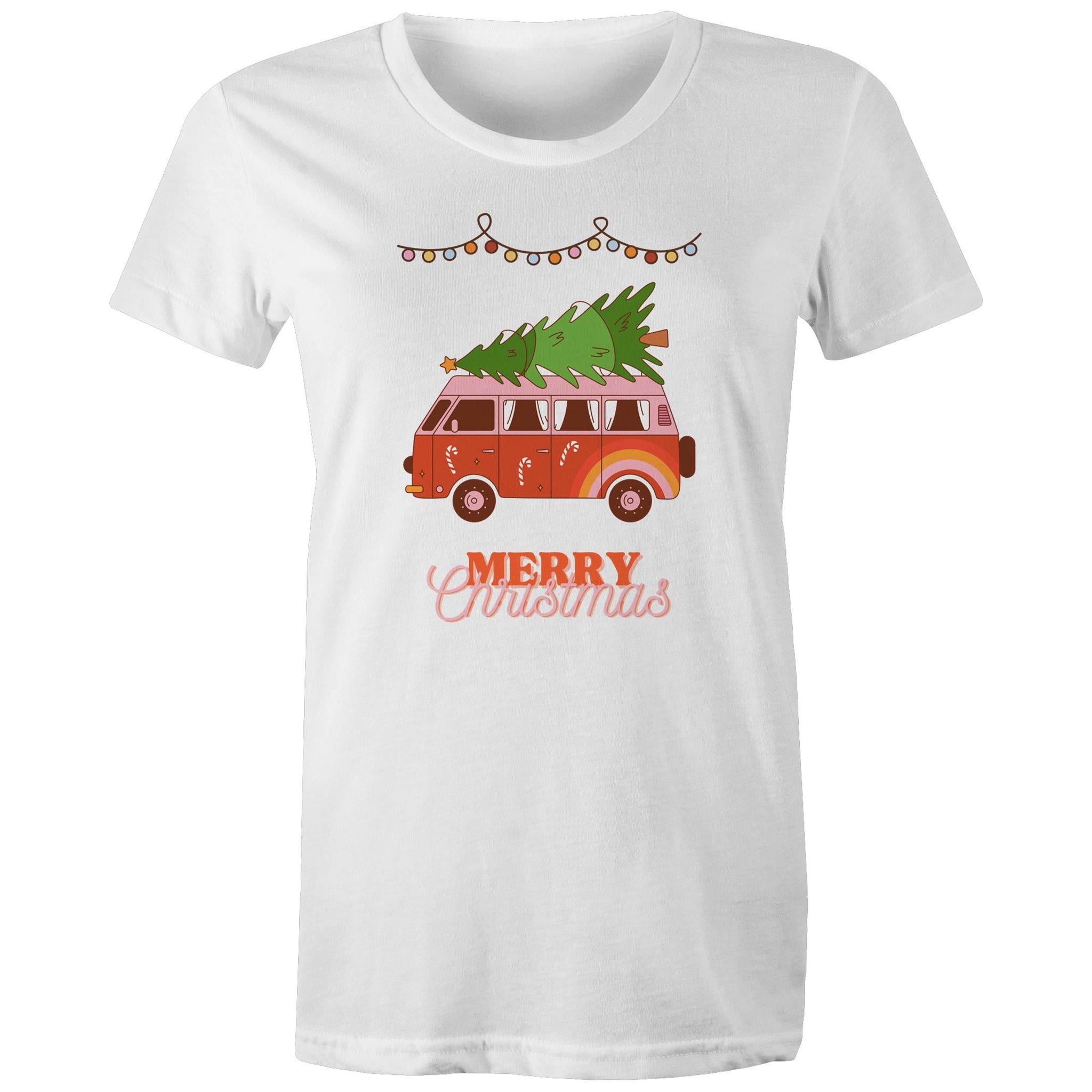 Merry Christmas, Hippy Van - Womens T-shirt White Womens Christmas T-shirt Christmas Printed In Australia